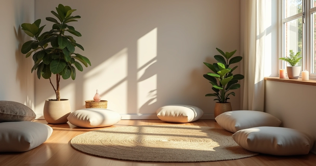 Canto de sala decorado para meditação com almofadas, planta e luz suave 
