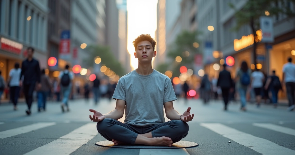 Pessoa meditando em posição de lótus em meio a rua movimentada e desfocada 