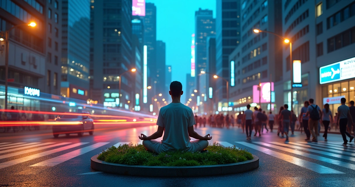 Pessoa meditando em meio a avenida movimentada à noite 