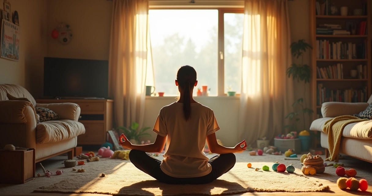 Pessoa meditando na sala de casa bagunçada com brinquedos e objetos espalhados 