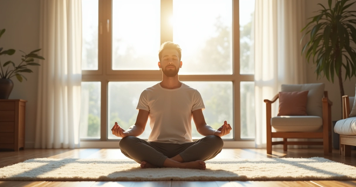 Homem praticando meditação sentado no chão de uma sala minimalista 