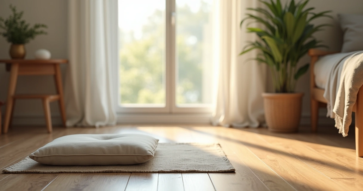 Ambiente tranquilo de casa preparado para meditação, com almofada e luz suave
