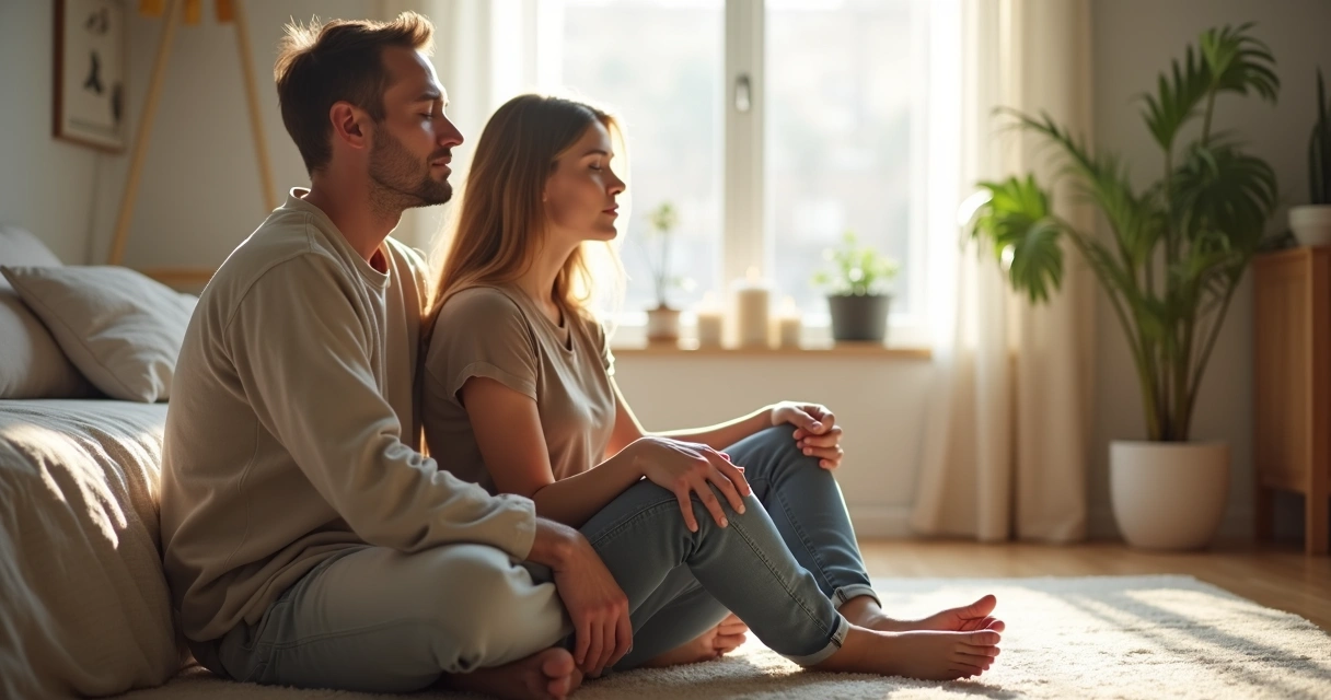 Casal praticando meditação juntos em ambiente doméstico tranquilo. 