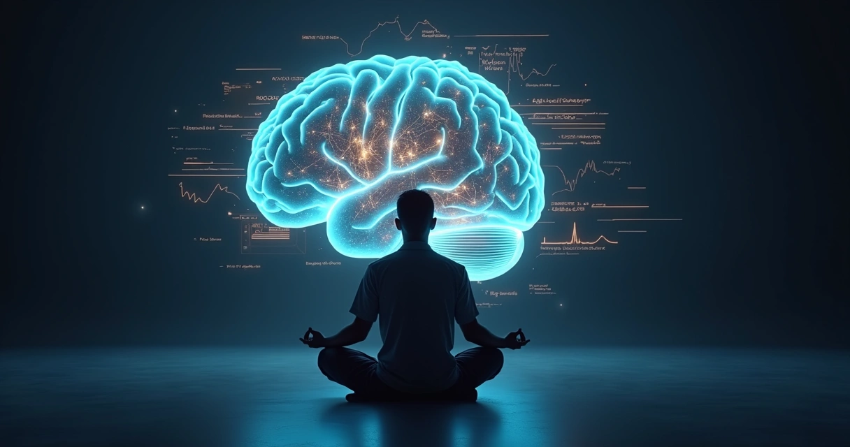 Pessoa meditando em postura de lótus com cérebro iluminado ao fundo 