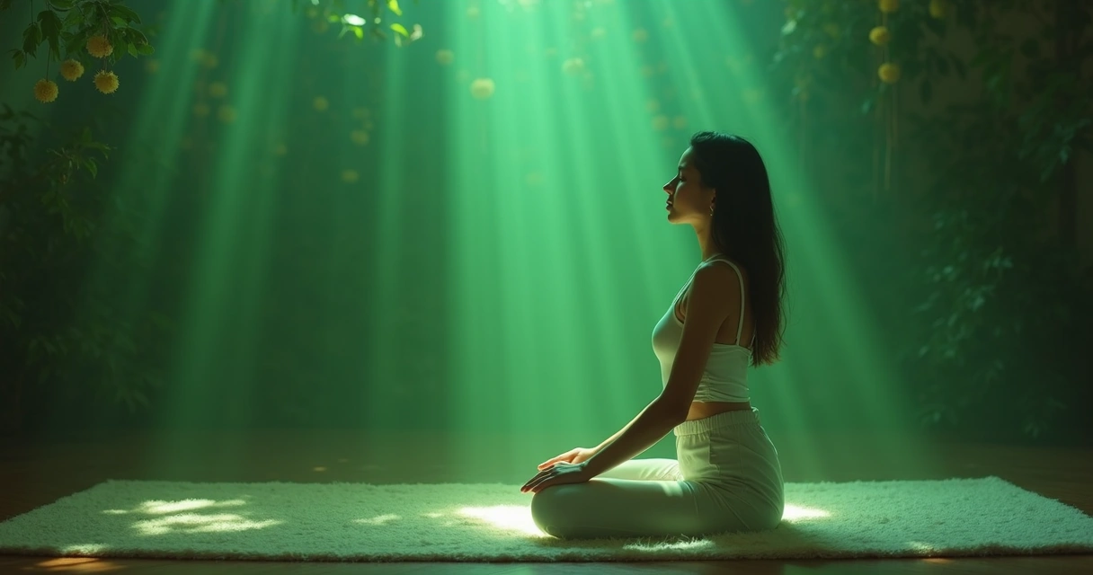 Mulher sentada meditando com luz verde brilhando no peito 