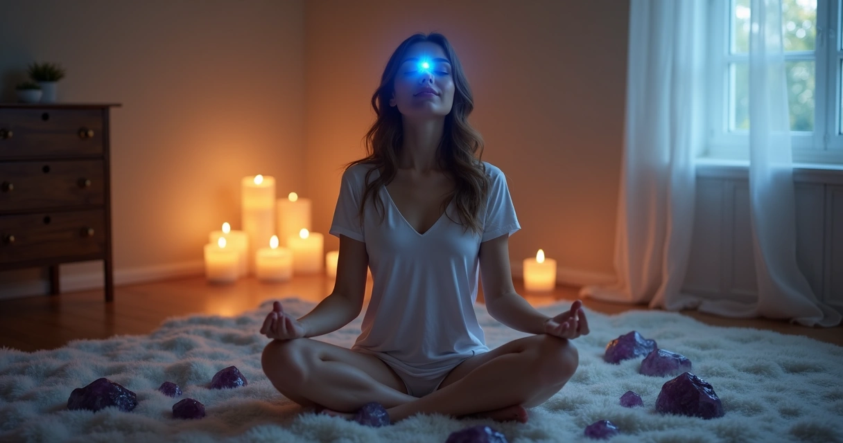 Mulher meditando com luz azul entre as sobrancelhas 
