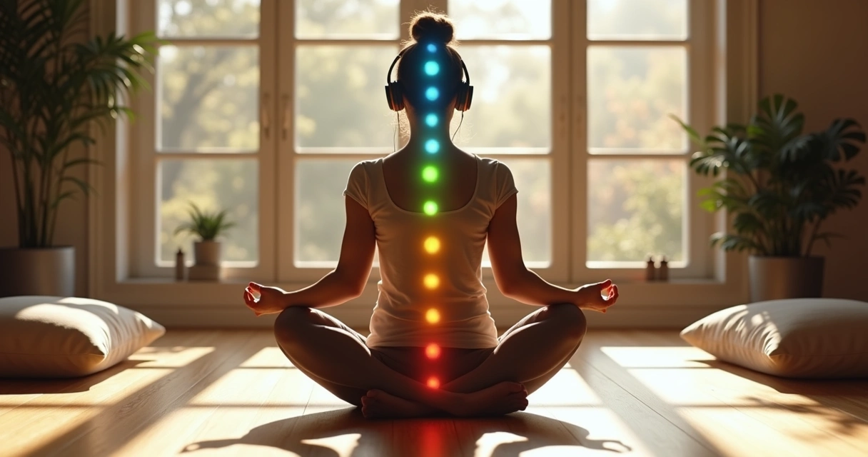 Pessoa sentada no chão ouvindo música com fones ao lado das janelas, luz suave 