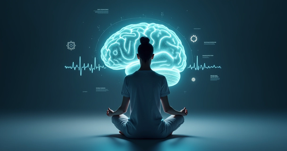 Pessoa meditando em posição de lótus com cérebro iluminado ao fundo 