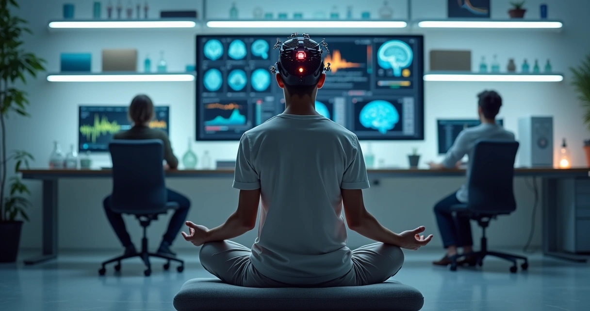Pessoa meditando conectada a equipamentos científicos em laboratório moderno 