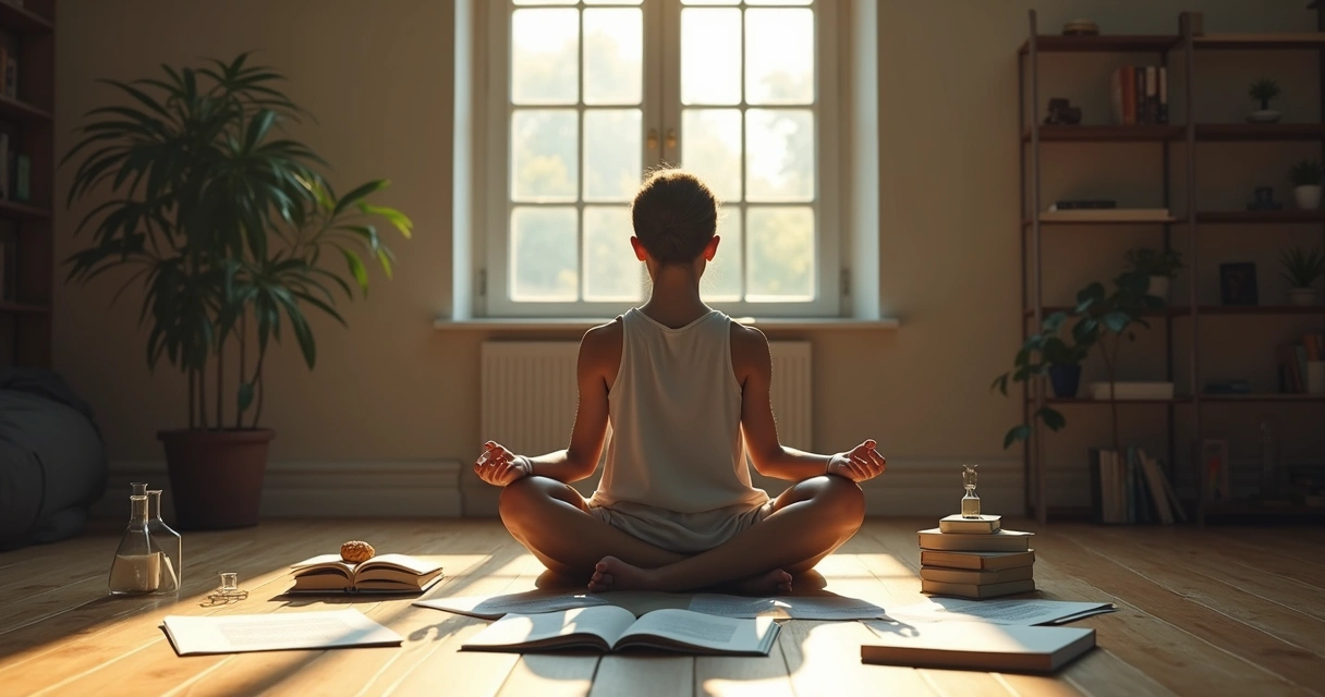 Pessoa sentada em ambiente calmo, luz natural suave entrando pela janela 