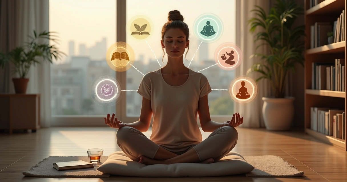 Pessoa meditando em sala moderna com cinco ícones luminosos ao redor representando pilares de desenvolvimento humano 