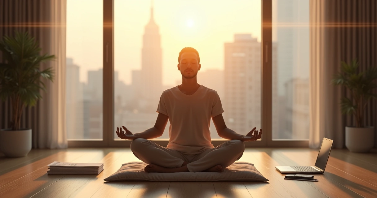 Pessoa meditando em frente a grande janela analisando opções de decisão 