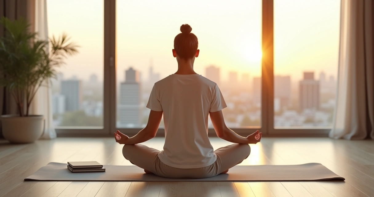 Pessoa sentada meditando em posição de lótus em sala clara com vista para a cidade 