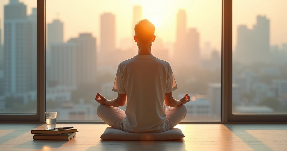 Pessoa meditando em frente a grande janela com cidade desfocada ao fundo 