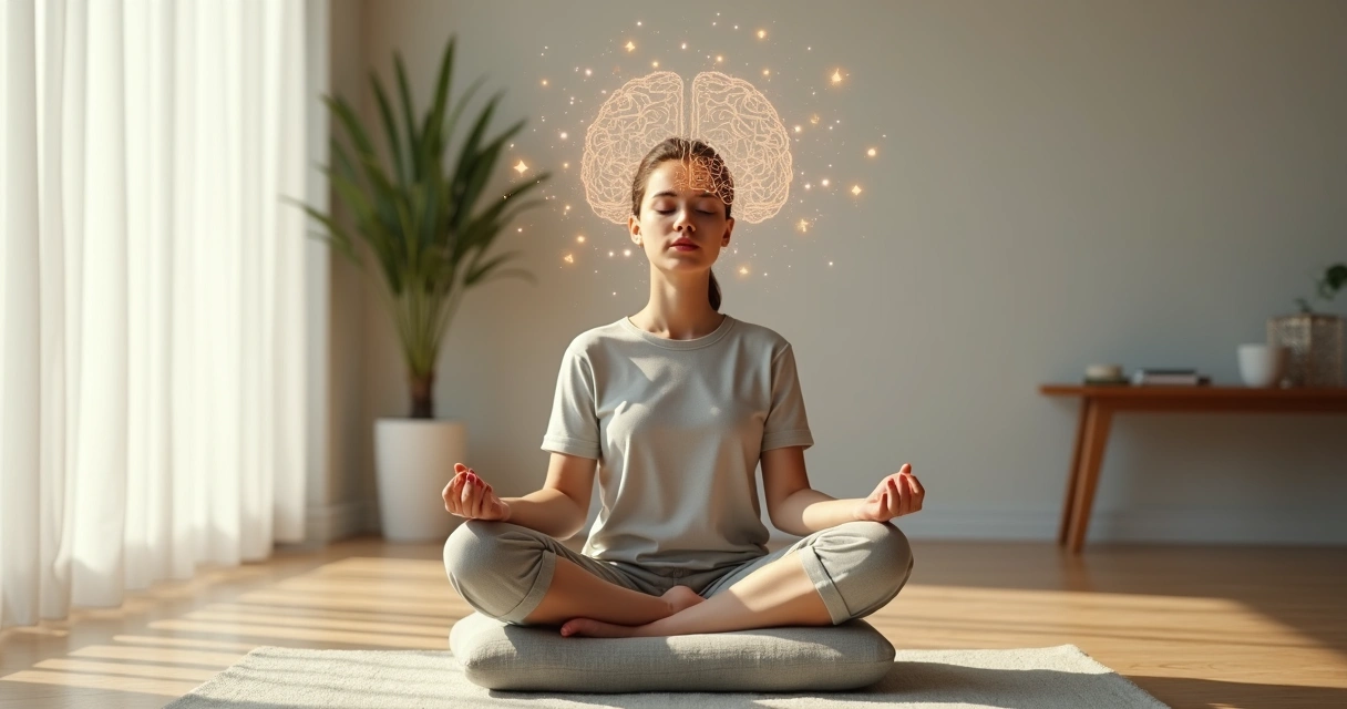 Pessoa meditando em posição de lótus com mente clara e organizada 