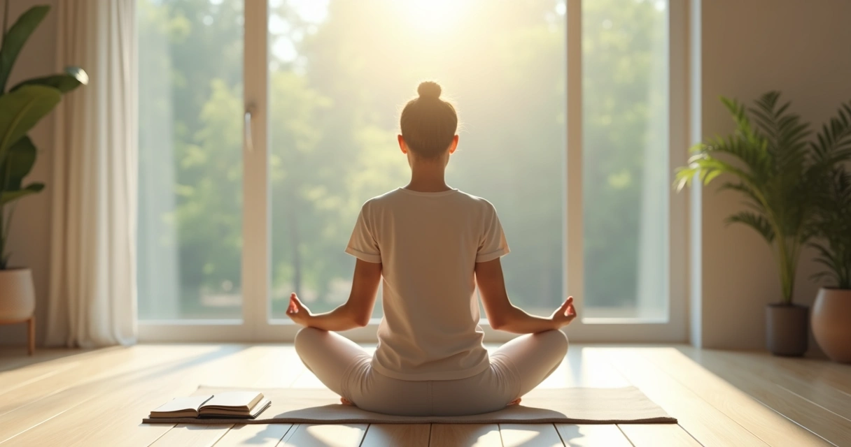 Pessoa meditando no chão com luz entrando pela janela 