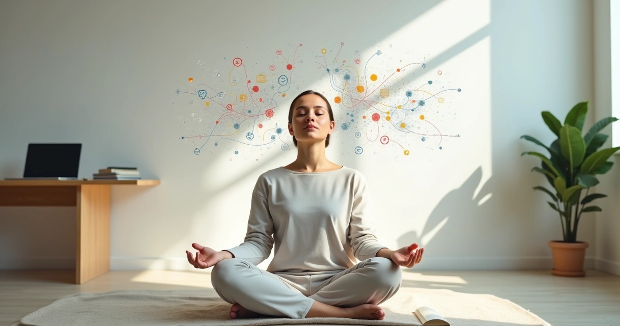 Profissional medita em sala minimalista com fluxos de ideias organizados no ar 