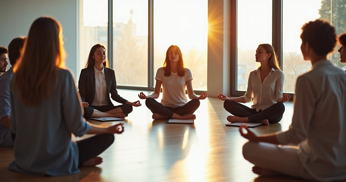 Colaboradores sentados em roda praticando meditação em sala de reunião 