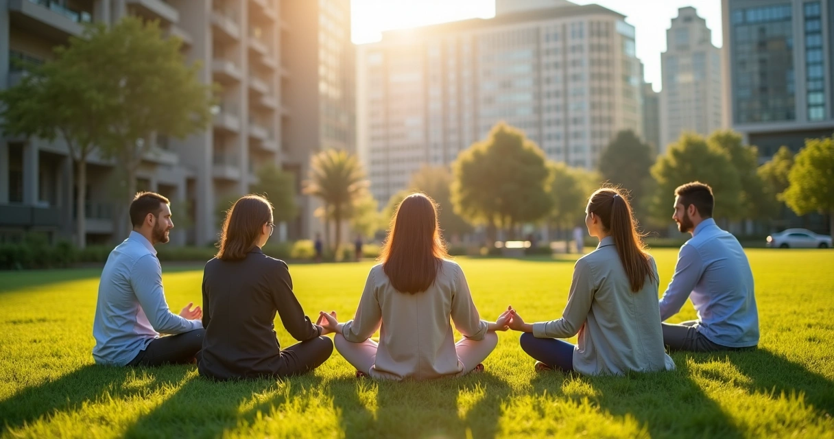 Equipe de trabalho meditando coletivamente ao ar livre, sentados em círculo na grama 
