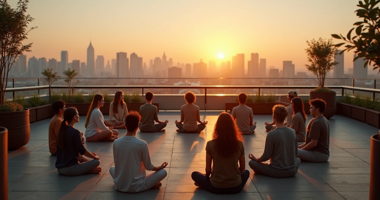 Grupo meditando ao ar livre com cidade ao fundo 