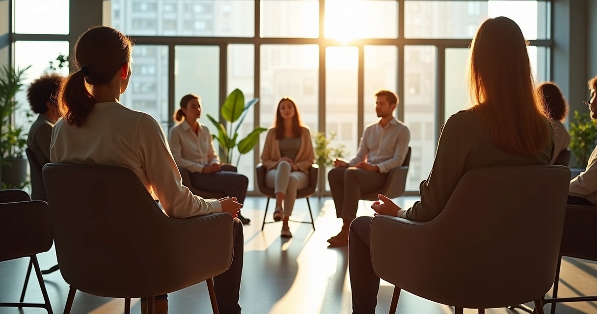 Ambiente de escritório com pessoas em círculo praticando meditação 