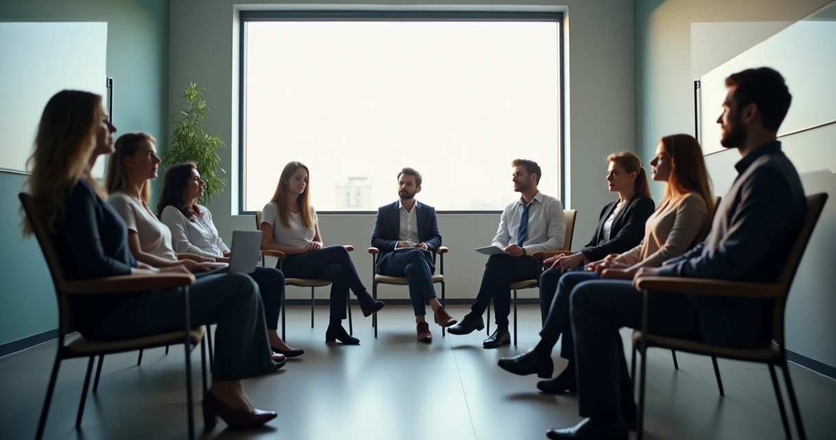 Pequeno grupo de pessoas sentadas meditando em sala de reunião de escritório 