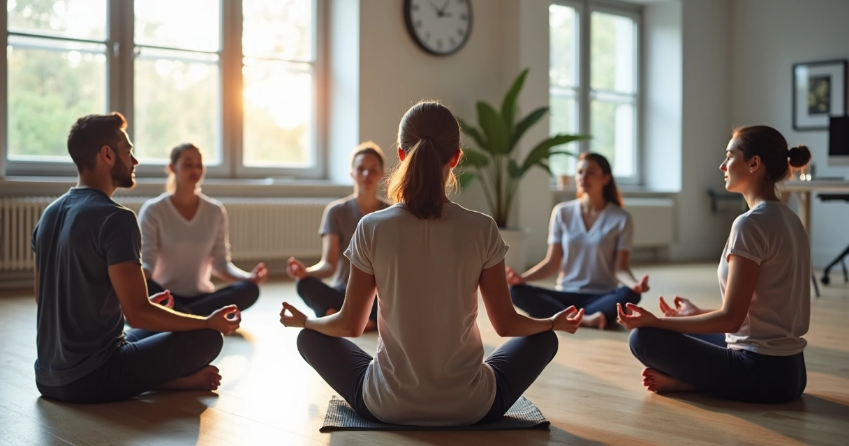 Equipe de pessoas sentadas em círculo meditando juntas 