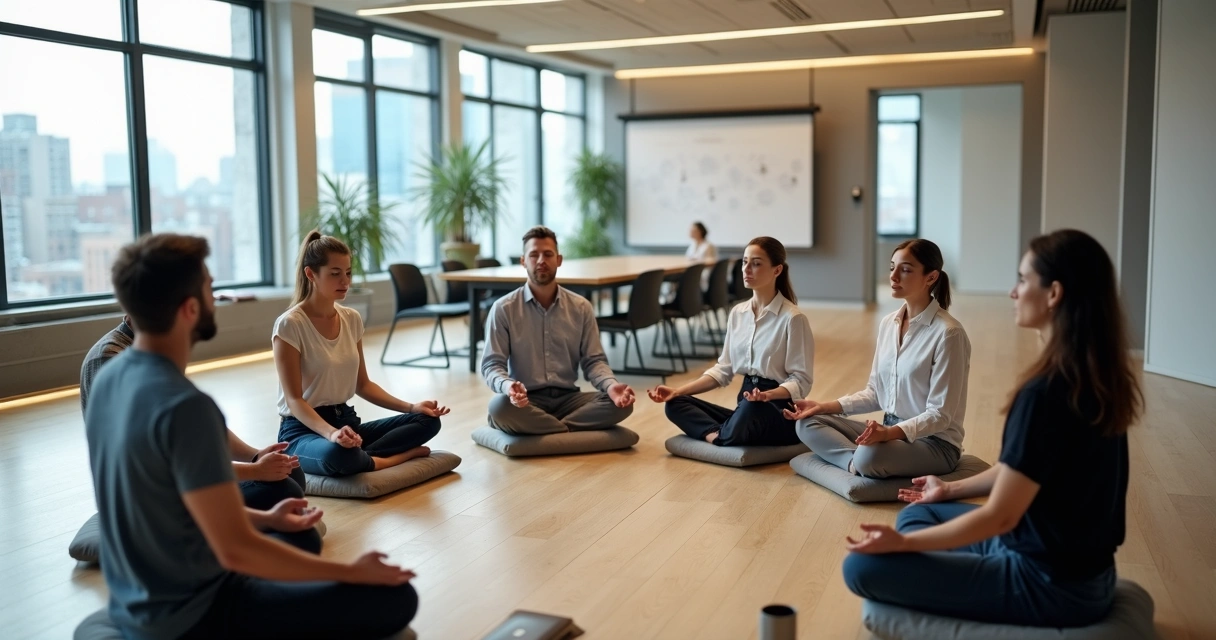 Equipe diversa sentada em círculo meditando em sala de reunião moderna 