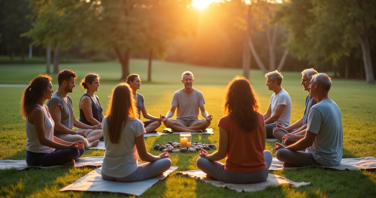Grupo diverso em meditação coletiva em círculo ao ar livre 