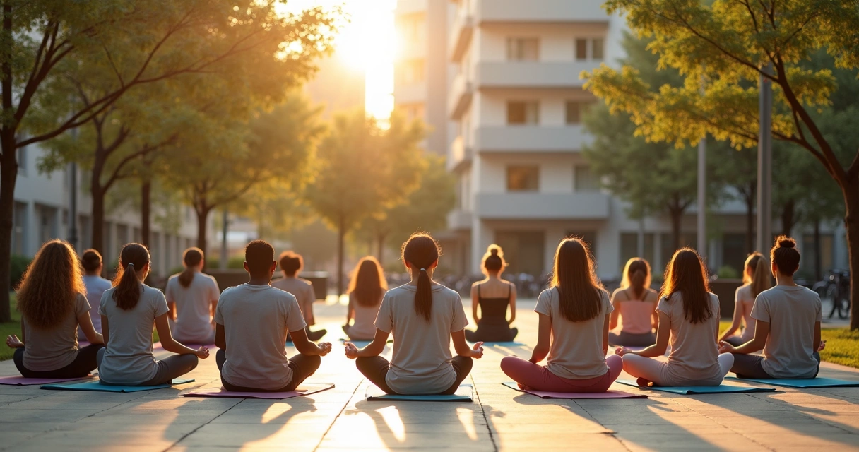 Grupo diverso em meditação coletiva em praça urbana ao entardecer 