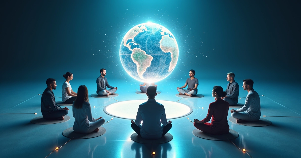 Equipe diversa meditando conectada por hologramas em um espaço virtual de trabalho 