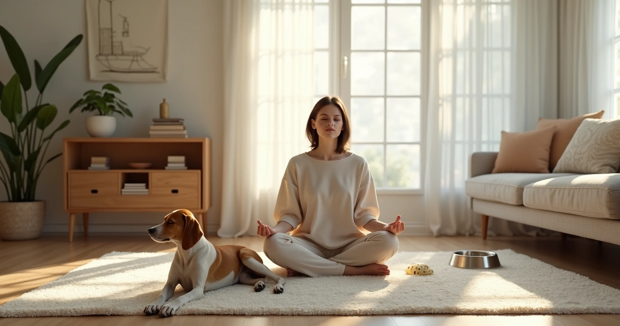 Pessoa sentada no tapete meditando ao lado de cachorro relaxando no chão 