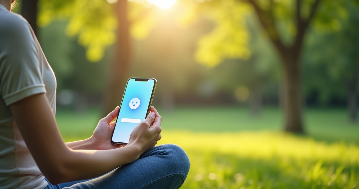 Pessoa segurando celular com aplicativo de meditação aberto, sentado ao ar livre
