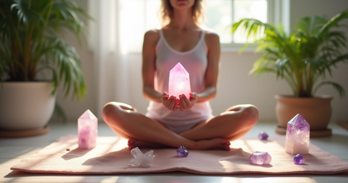 Cena tranquila de meditação com cristais, pessoa segurando quartzo rosa e planta ao fundo.