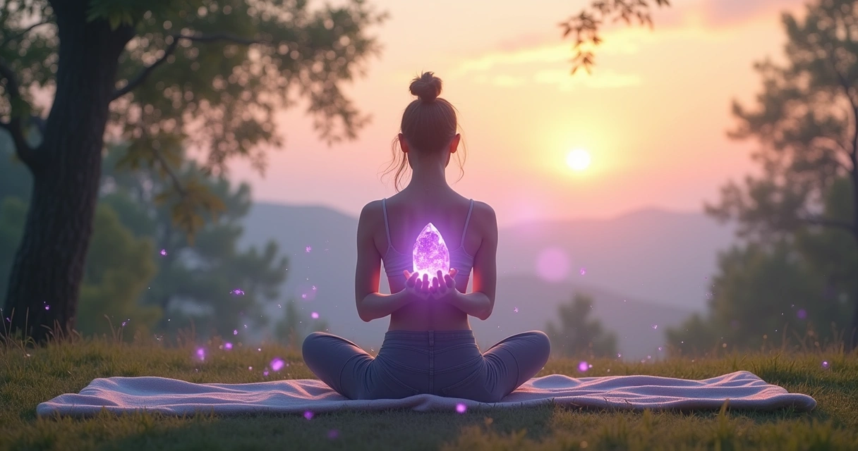 Pessoa meditando ao ar livre com um cristal ametista, iluminada por uma luz suave e envolvente em um cenário tranquilo.