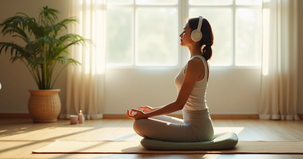 Pessoa sentada em meditação com fones e luz suave ao redor 