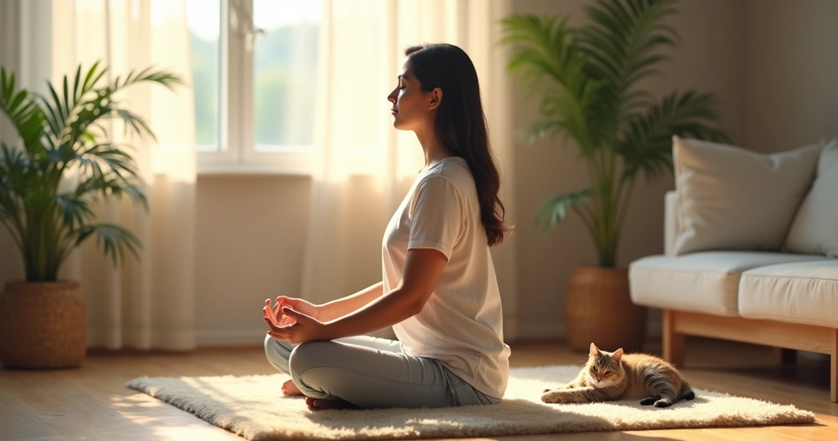 Pessoa meditando no chão com gato deitado ao lado 