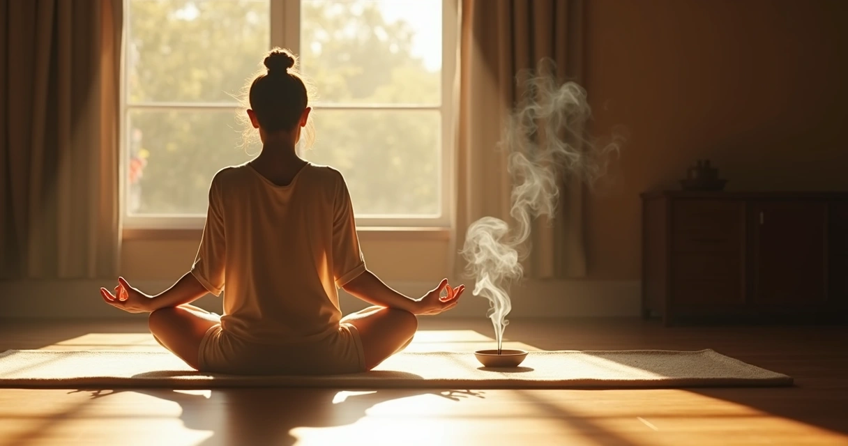 Pessoa sentada em posição de meditação com incenso queimando ao lado