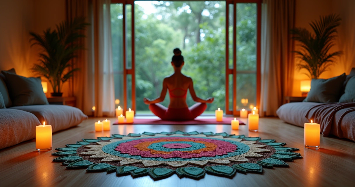 Meditador em posição de lótus rodeado por uma mandala colorida e velas em um ambiente sereno com luz natural.