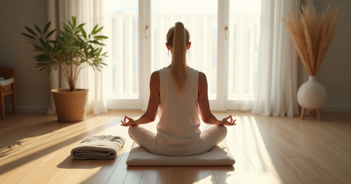 Pessoa sentada meditando com olhos semiabertos em ambiente claro