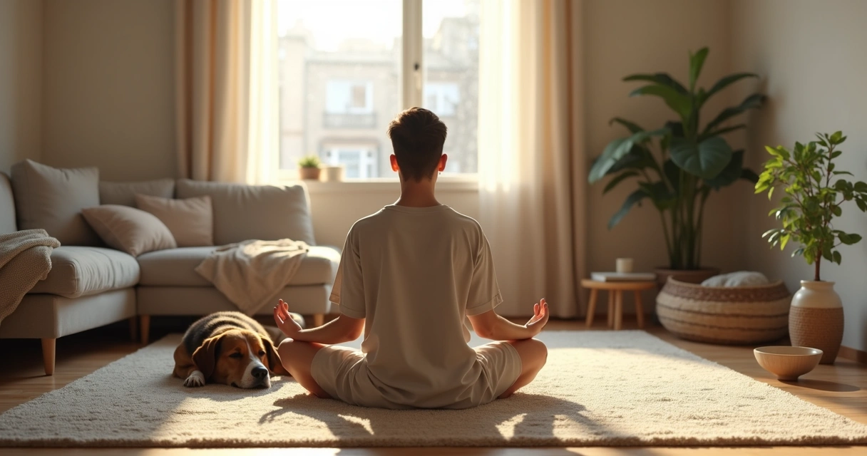 Pessoa meditando no tapete da sala com cachorro relaxado ao lado 