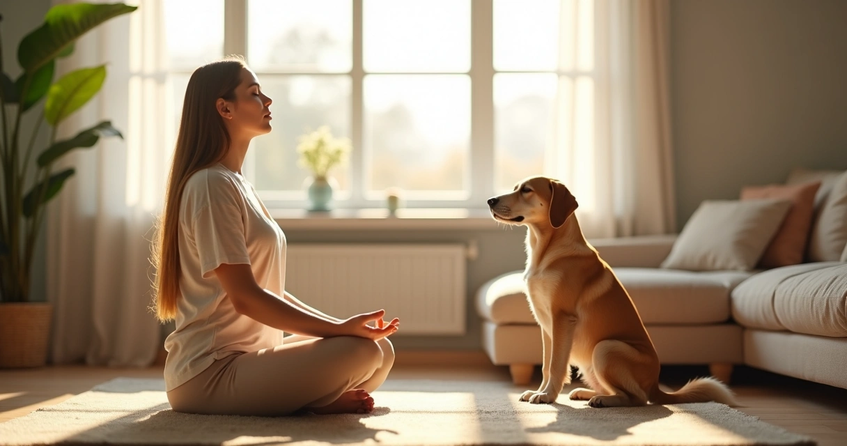 Pessoa sentada em posição de meditação no sofá com cão ao lado