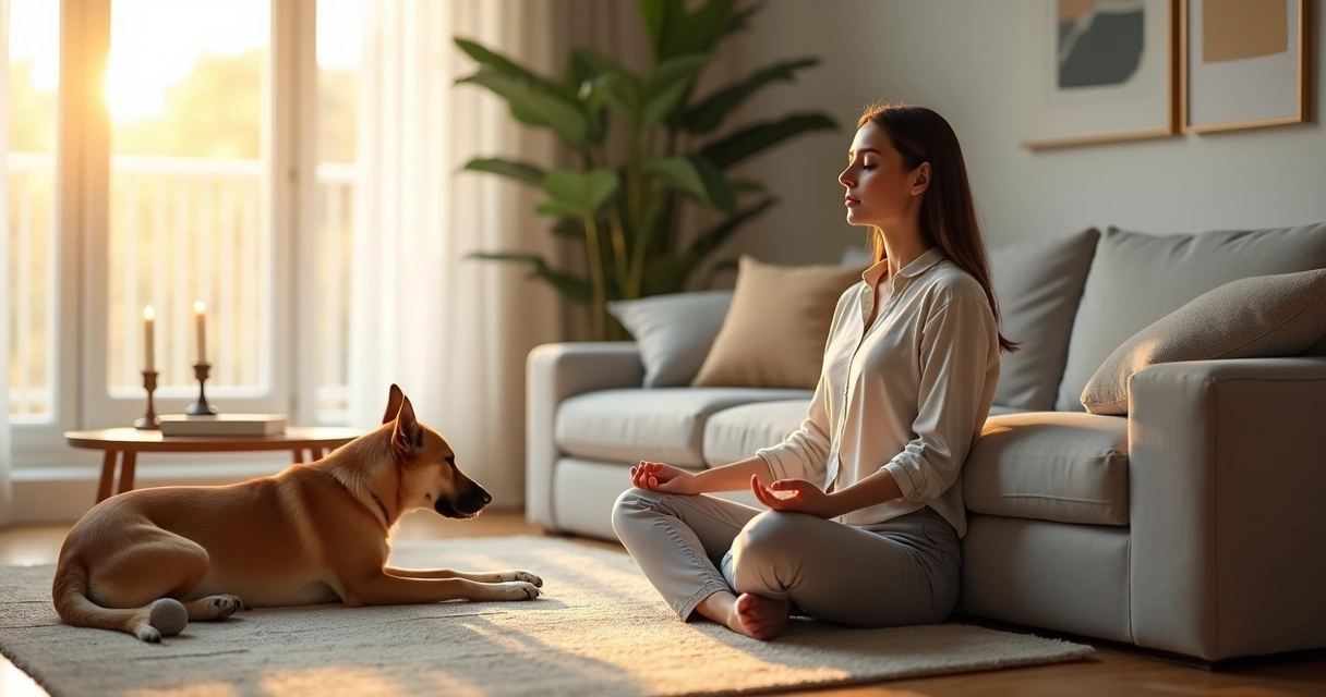 Pessoa meditando sentada no sofá com cachorro deitado ao lado em sala iluminada 
