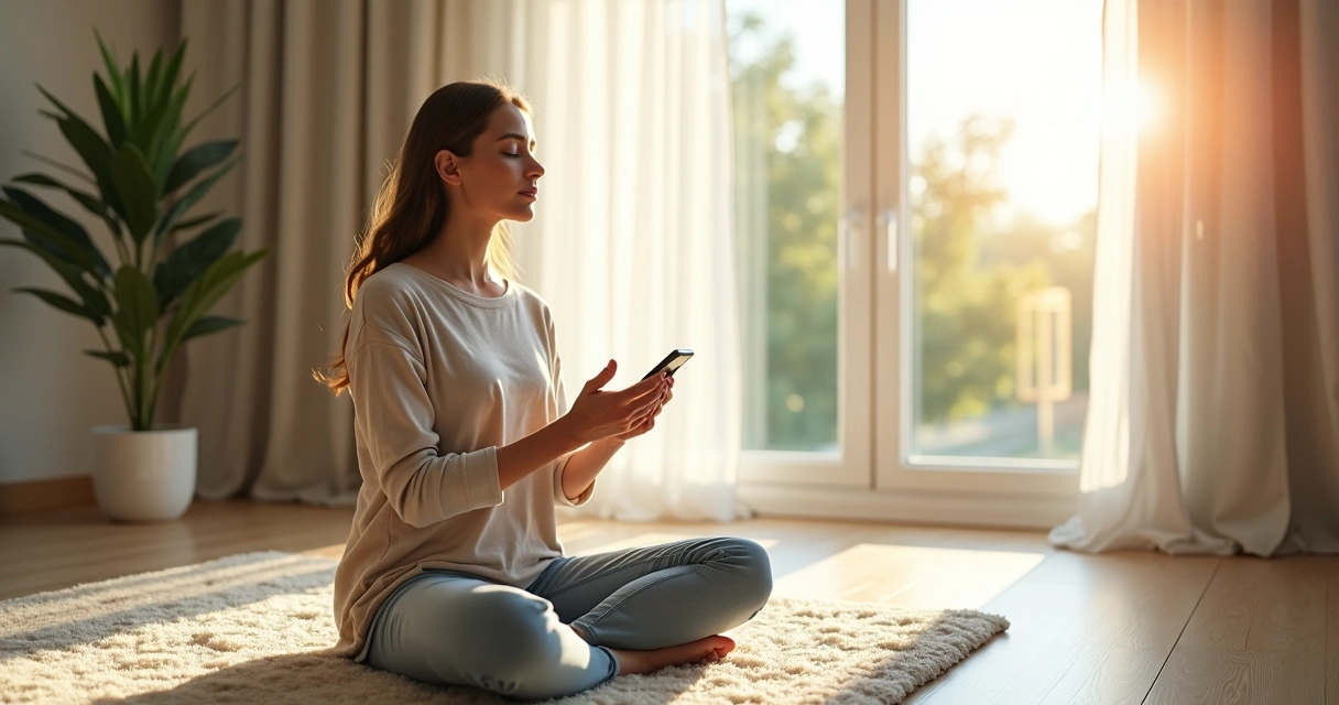 Pessoa sentada em posição de meditação usando um smartphone no colo 