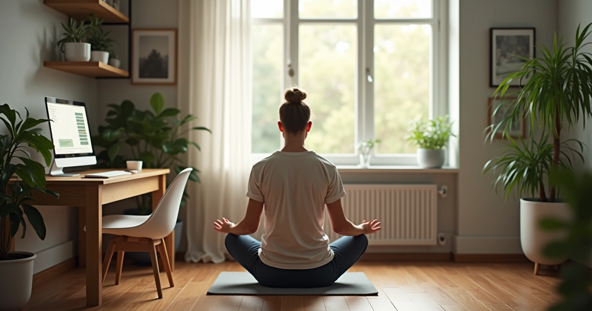 Pessoa meditando em frente ao computador em ambiente calmo 