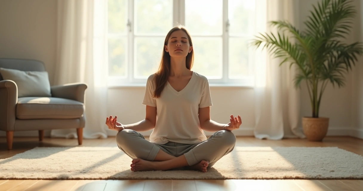 Pessoa meditando em posição sentada em ambiente iluminado, sentado no chão, olhos fechados, postura relaxada