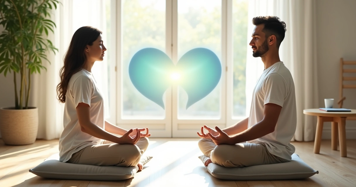 Pessoa meditando em posição sentada diante de outra pessoa em diálogo calmo 