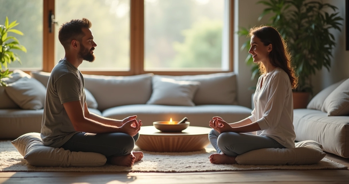 Casal sentado de frente em meditação conversando com calma em sala iluminada 