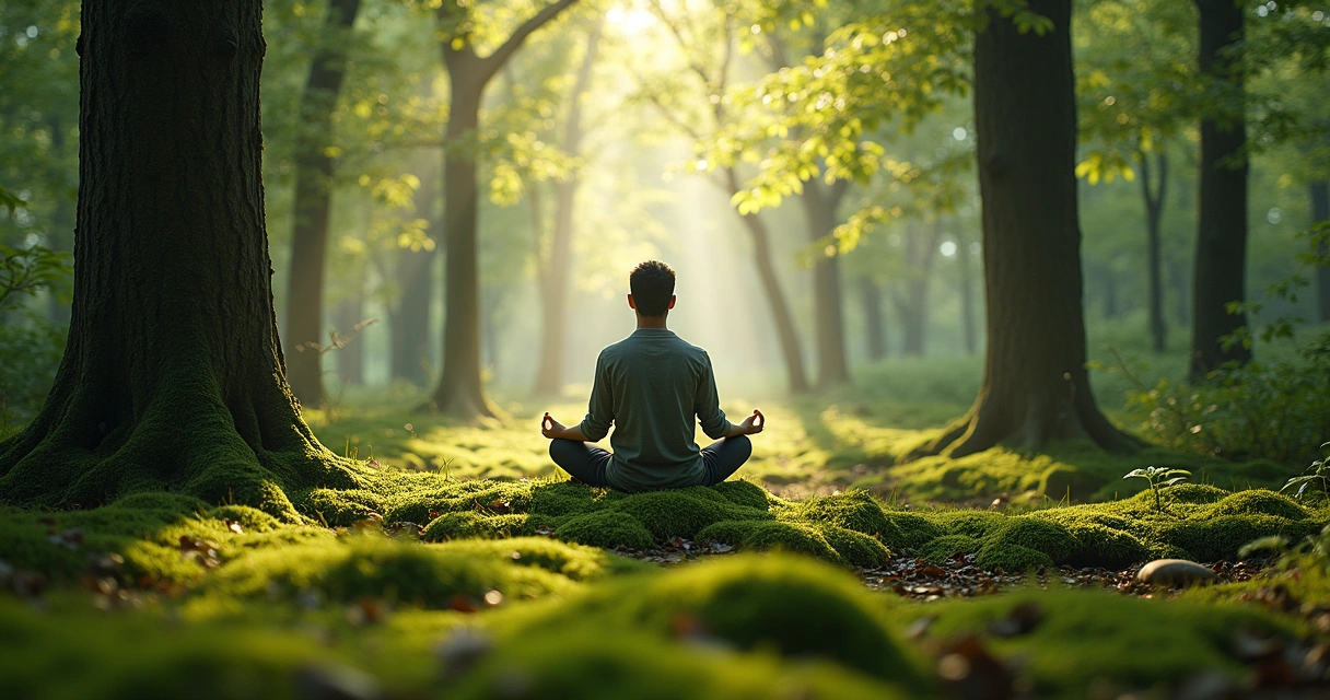 Pessoa sentada em meditação cercada por árvores em ambiente natural 