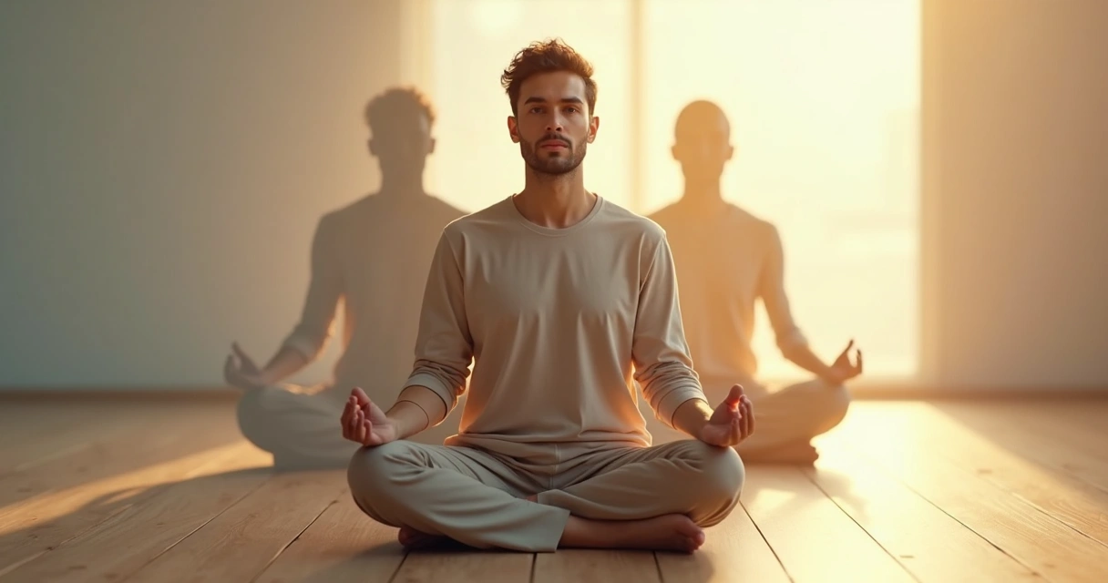 Pessoa meditando com silhuetas internas em contraste de luz e sombra 